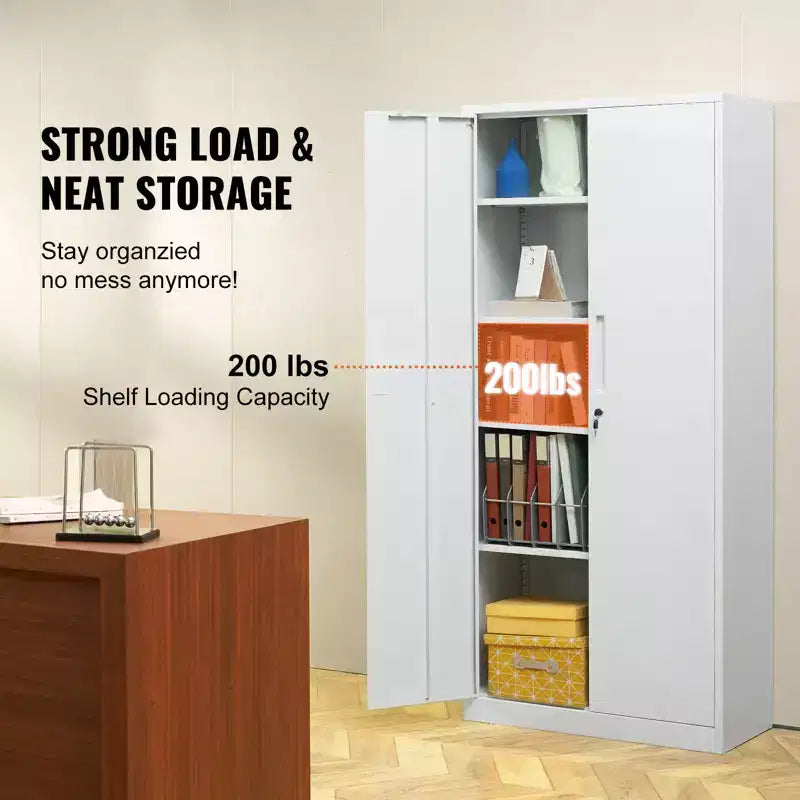 Armoire de rangement en métal, armoire de rangement verrouillable en acier avec 2 portes magnétiques et 4 étagères réglables, armoire métallique de 180 cm, capacité de 90 kg, blanc