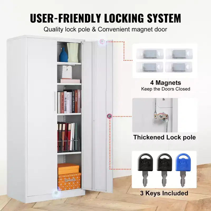Armoire de rangement en métal, armoire de rangement verrouillable en acier avec 2 portes magnétiques et 4 étagères réglables, armoire métallique de 180 cm, capacité de 90 kg, blanc