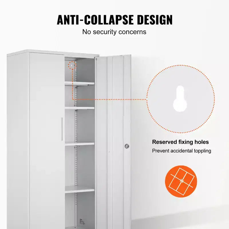 Armoire de rangement en métal, armoire de rangement verrouillable en acier avec 2 portes magnétiques et 4 étagères réglables, armoire métallique de 180 cm, capacité de 90 kg, blanc