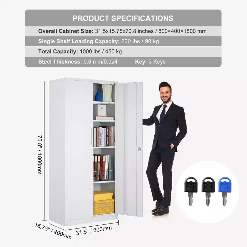 Armoire de rangement en métal, armoire de rangement verrouillable en acier avec 2 portes magnétiques et 4 étagères réglables, armoire métallique de 180 cm, capacité de 90 kg, blanc