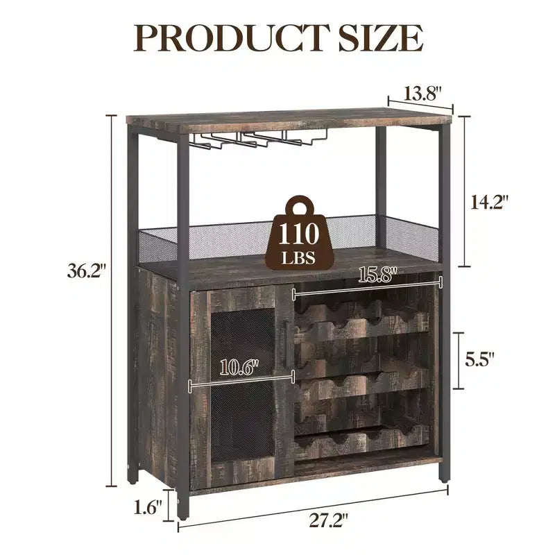 Meuble de bar à vin industriel gris à 3 niveaux (12+ bouteilles) 91,4 cm H x 61 cm l x 38,1 cm P, porte-bouteilles détachable, 9 porte-verres et étagères réglables pour la maison/le bar