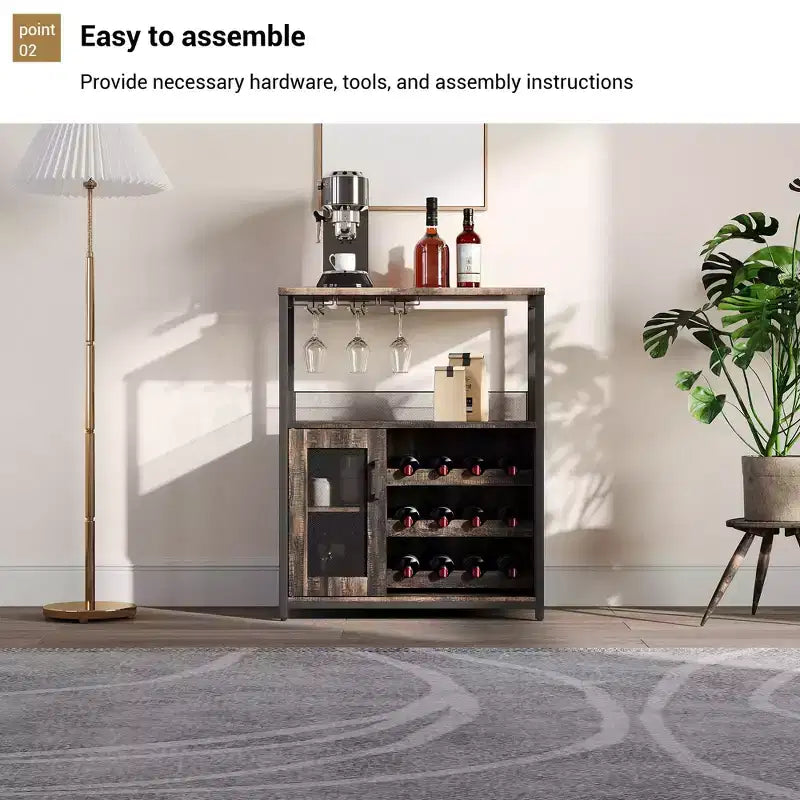 Meuble de bar à vin industriel gris à 3 niveaux (12+ bouteilles) 91,4 cm H x 61 cm l x 38,1 cm P, porte-bouteilles détachable, 9 porte-verres et étagères réglables pour la maison/le bar