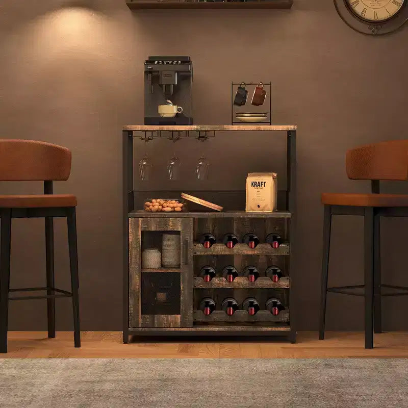 Meuble de bar à vin industriel gris à 3 niveaux (12+ bouteilles) 91,4 cm H x 61 cm l x 38,1 cm P, porte-bouteilles détachable, 9 porte-verres et étagères réglables pour la maison/le bar
