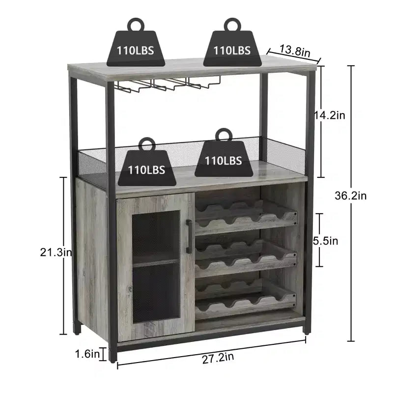 Meuble de bar à vin industriel gris à 3 niveaux (12+ bouteilles) 91,4 cm H x 61 cm l x 38,1 cm P, porte-bouteilles détachable, 9 porte-verres et étagères réglables pour la maison/le bar