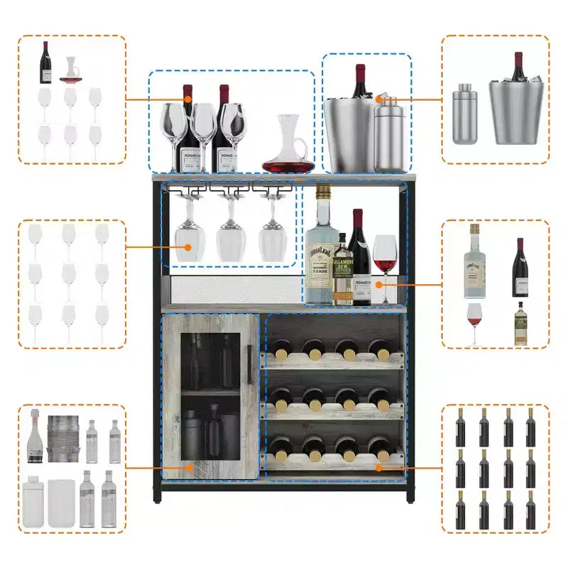 Meuble de bar à vin industriel gris à 3 niveaux (12+ bouteilles) 91,4 cm H x 61 cm l x 38,1 cm P, porte-bouteilles détachable, 9 porte-verres et étagères réglables pour la maison/le bar