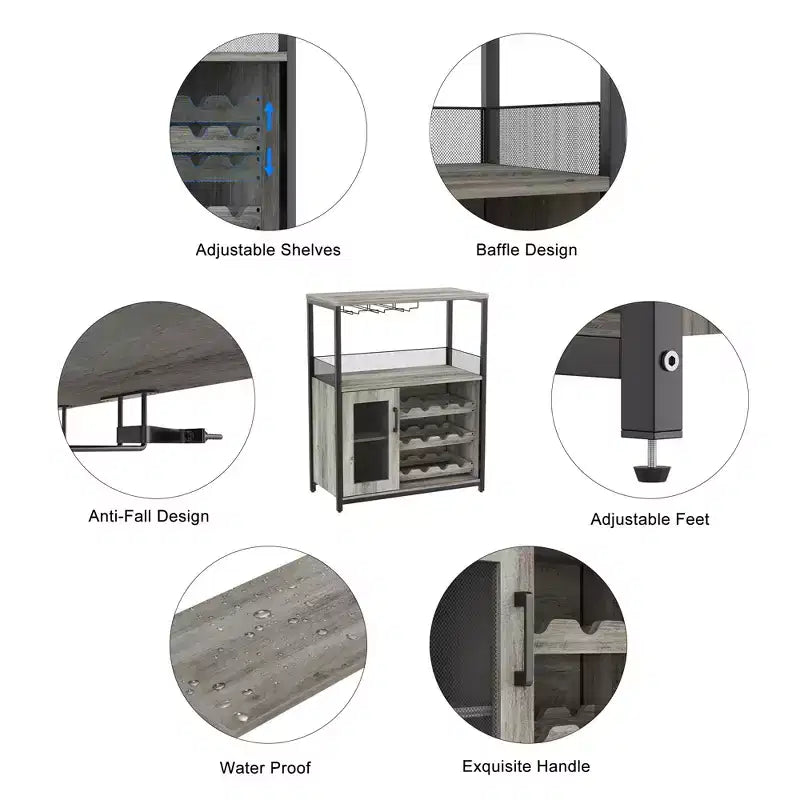 Meuble de bar à vin industriel gris à 3 niveaux (12+ bouteilles) 91,4 cm H x 61 cm l x 38,1 cm P, porte-bouteilles détachable, 9 porte-verres et étagères réglables pour la maison/le bar