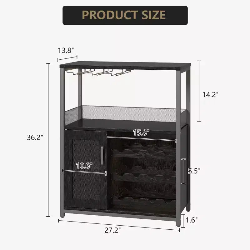 Meuble de bar à vin industriel gris à 3 niveaux (12+ bouteilles) 91,4 cm H x 61 cm l x 38,1 cm P, porte-bouteilles détachable, 9 porte-verres et étagères réglables pour la maison/le bar