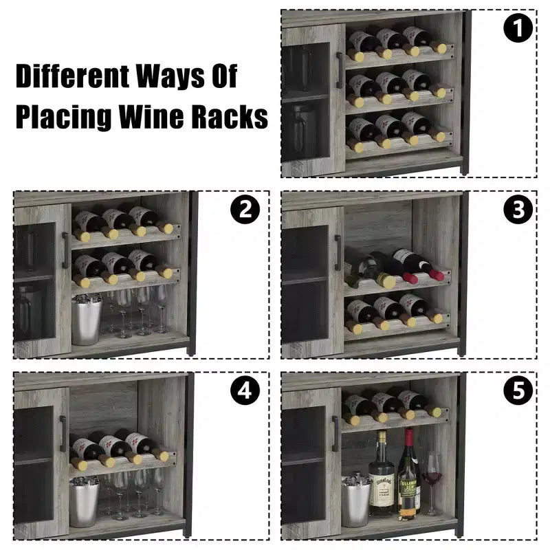Meuble de bar à vin industriel gris à 3 niveaux (12+ bouteilles) 91,4 cm H x 61 cm l x 38,1 cm P, porte-bouteilles détachable, 9 porte-verres et étagères réglables pour la maison/le bar