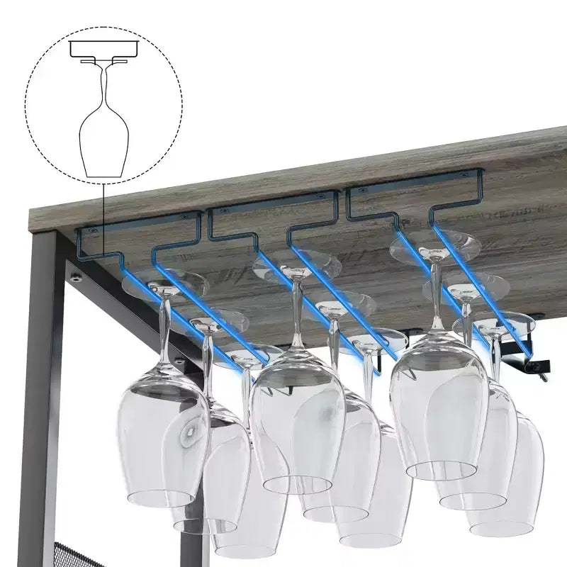 Meuble de bar à vin industriel gris à 3 niveaux (12+ bouteilles) 91,4 cm H x 61 cm l x 38,1 cm P, porte-bouteilles détachable, 9 porte-verres et étagères réglables pour la maison/le bar