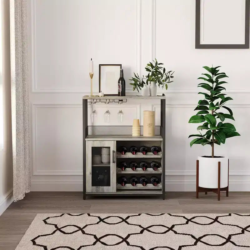 Meuble de bar à vin industriel gris à 3 niveaux (12+ bouteilles) 91,4 cm H x 61 cm l x 38,1 cm P, porte-bouteilles détachable, 9 porte-verres et étagères réglables pour la maison/le bar