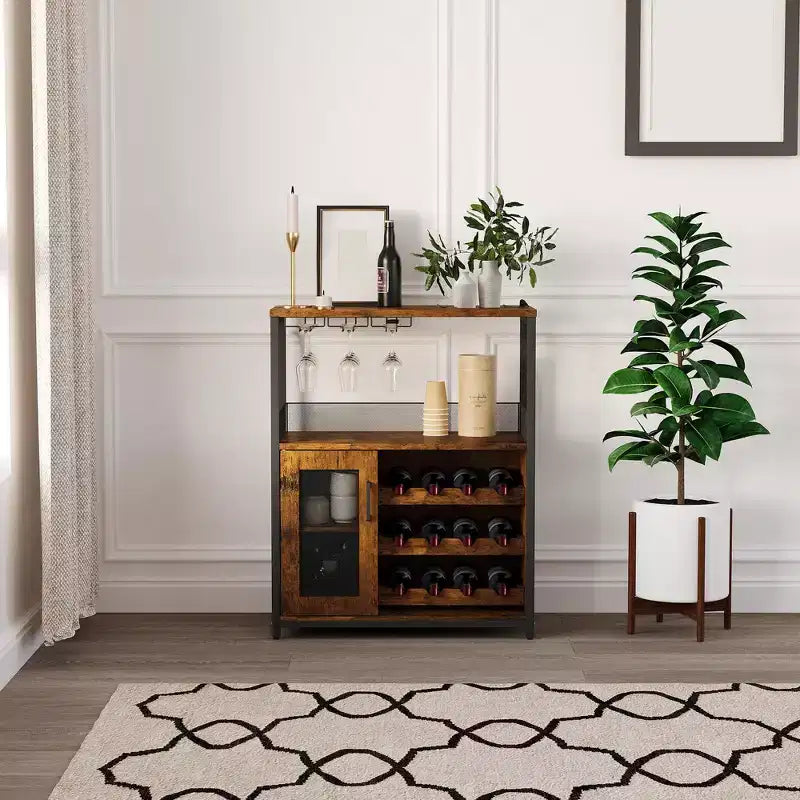 Meuble de bar à vin industriel gris à 3 niveaux (12+ bouteilles) 91,4 cm H x 61 cm l x 38,1 cm P, porte-bouteilles détachable, 9 porte-verres et étagères réglables pour la maison/le bar