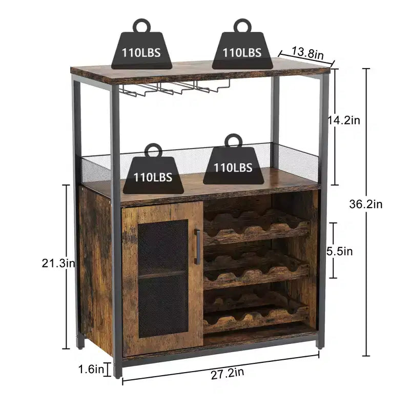 Meuble de bar à vin industriel gris à 3 niveaux (12+ bouteilles) 91,4 cm H x 61 cm l x 38,1 cm P, porte-bouteilles détachable, 9 porte-verres et étagères réglables pour la maison/le bar