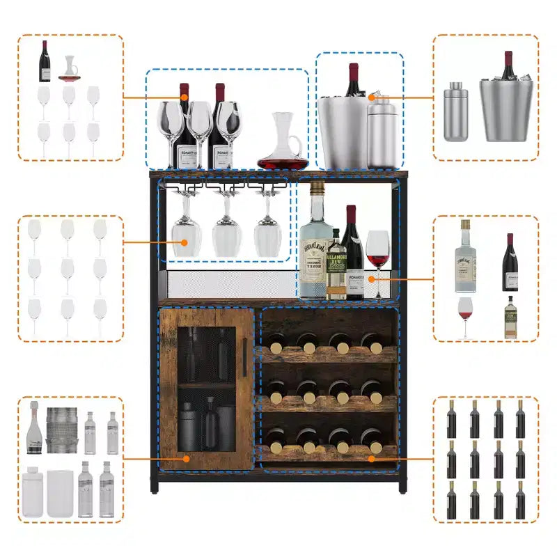Meuble de bar à vin industriel gris à 3 niveaux (12+ bouteilles) 91,4 cm H x 61 cm l x 38,1 cm P, porte-bouteilles détachable, 9 porte-verres et étagères réglables pour la maison/le bar