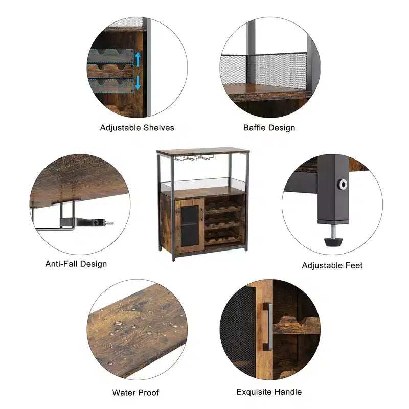 Meuble de bar à vin industriel gris à 3 niveaux (12+ bouteilles) 91,4 cm H x 61 cm l x 38,1 cm P, porte-bouteilles détachable, 9 porte-verres et étagères réglables pour la maison/le bar