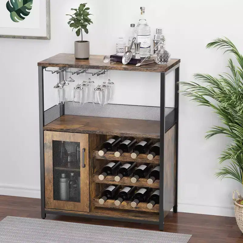 Meuble de bar à vin industriel gris à 3 niveaux (12+ bouteilles) 91,4 cm H x 61 cm l x 38,1 cm P, porte-bouteilles détachable, 9 porte-verres et étagères réglables pour la maison/le bar
