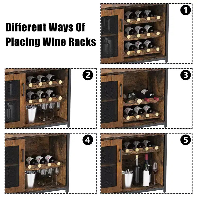 Meuble de bar à vin industriel gris à 3 niveaux (12+ bouteilles) 91,4 cm H x 61 cm l x 38,1 cm P, porte-bouteilles détachable, 9 porte-verres et étagères réglables pour la maison/le bar