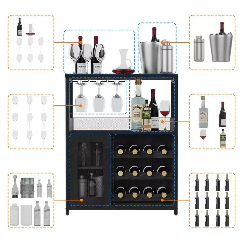 Meuble de bar à vin industriel gris à 3 niveaux (12+ bouteilles) 91,4 cm H x 61 cm l x 38,1 cm P, porte-bouteilles détachable, 9 porte-verres et étagères réglables pour la maison/le bar