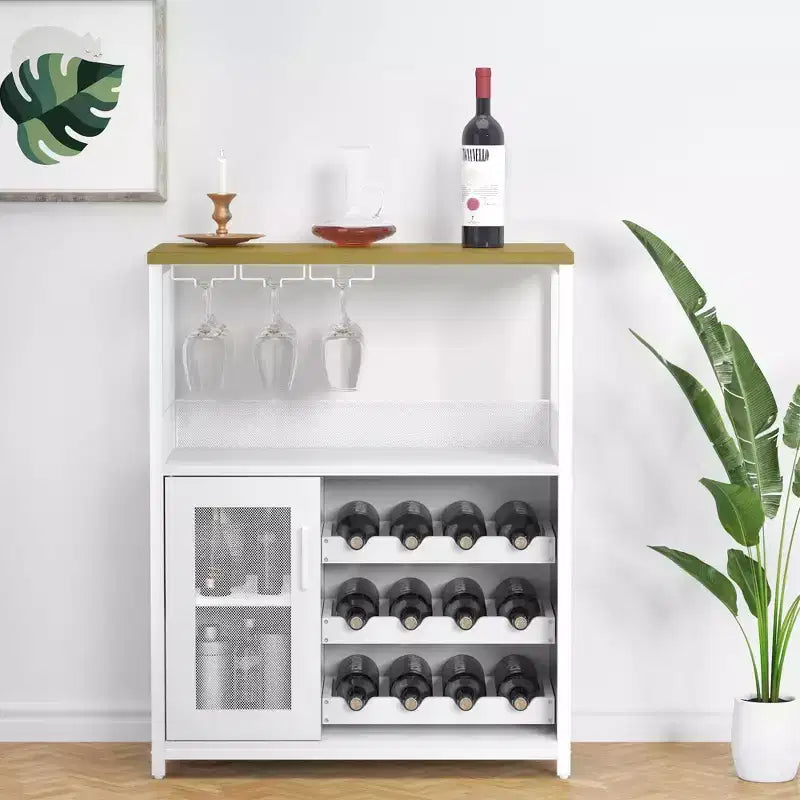 Meuble de bar à vin industriel gris à 3 niveaux (12+ bouteilles) 91,4 cm H x 61 cm l x 38,1 cm P, porte-bouteilles détachable, 9 porte-verres et étagères réglables pour la maison/le bar
