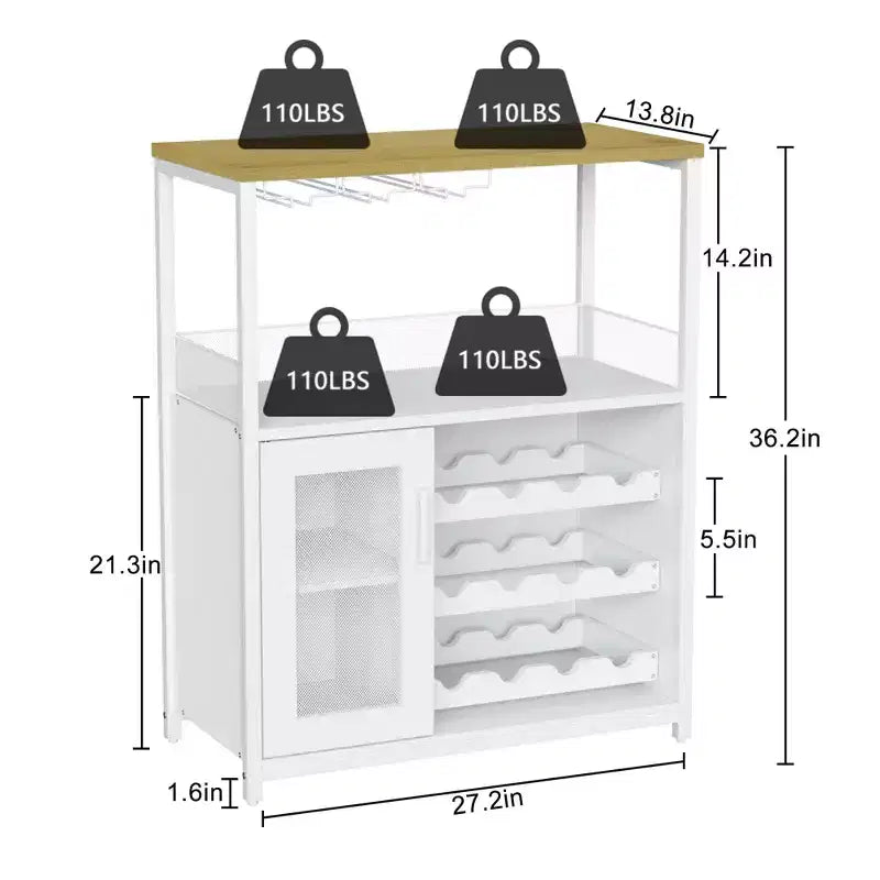 Meuble de bar à vin industriel gris à 3 niveaux (12+ bouteilles) 91,4 cm H x 61 cm l x 38,1 cm P, porte-bouteilles détachable, 9 porte-verres et étagères réglables pour la maison/le bar