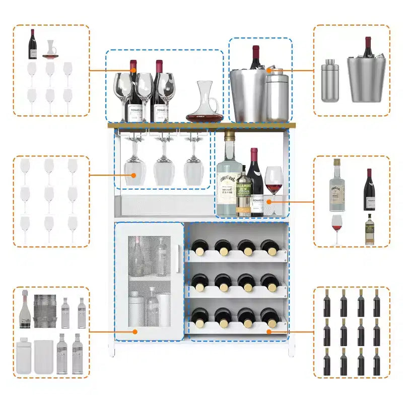 Meuble de bar à vin industriel gris à 3 niveaux (12+ bouteilles) 91,4 cm H x 61 cm l x 38,1 cm P, porte-bouteilles détachable, 9 porte-verres et étagères réglables pour la maison/le bar