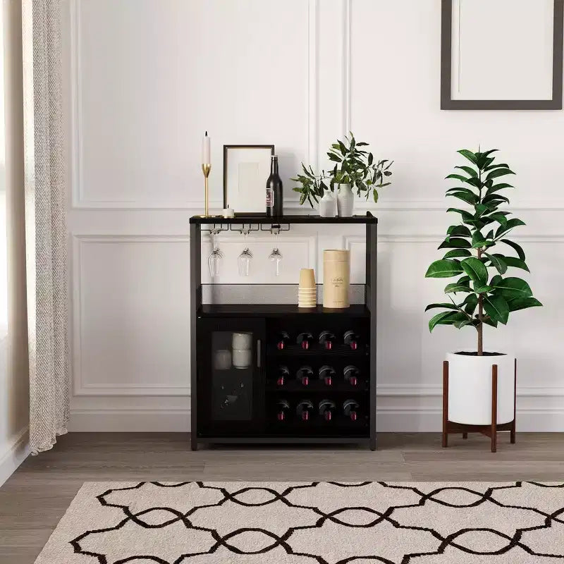 Meuble de bar à vin industriel gris à 3 niveaux (12+ bouteilles) 91,4 cm H x 61 cm l x 38,1 cm P, porte-bouteilles détachable, 9 porte-verres et étagères réglables pour la maison/le bar