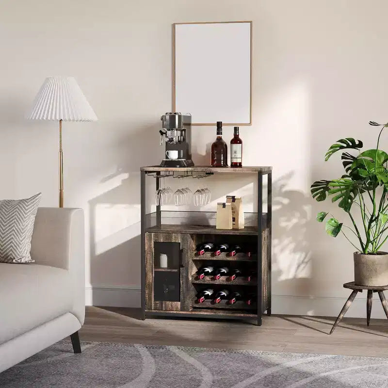 Meuble de bar à vin industriel gris à 3 niveaux (12+ bouteilles) 91,4 cm H x 61 cm l x 38,1 cm P, porte-bouteilles détachable, 9 porte-verres et étagères réglables pour la maison/le bar