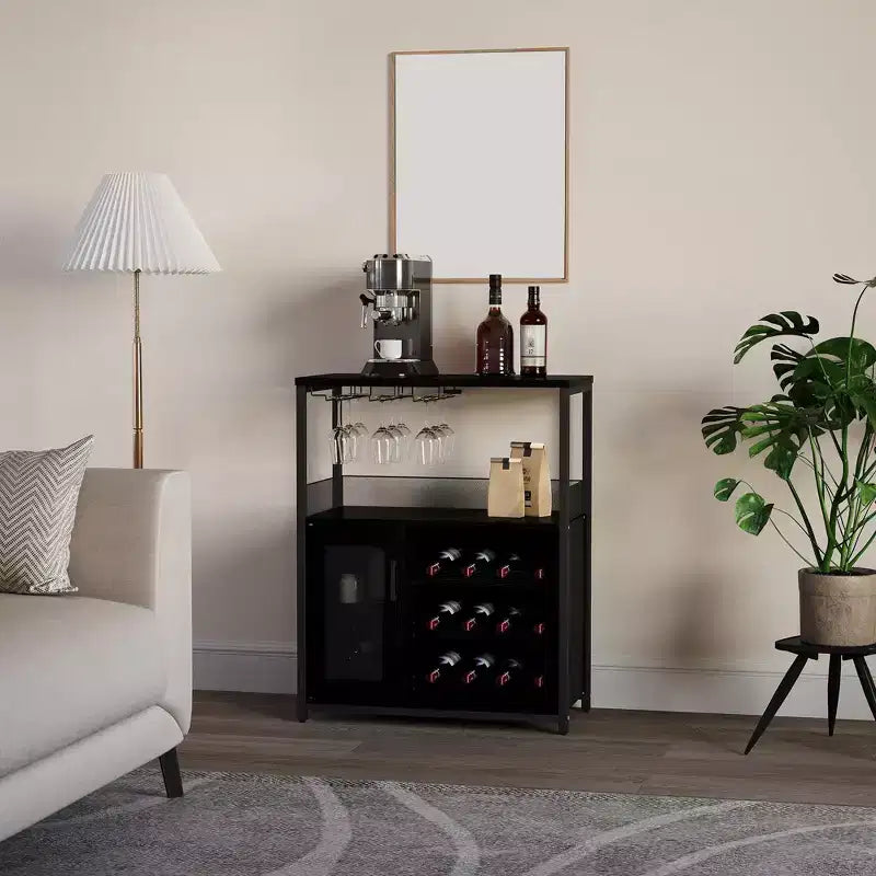 Grey 3-Tier Industrial Wine Bar Cabinet (12+ Bottles)  36H x 24W x 15D, Detachable Rack, 9 Glass Holders & Adjustable Shelves for Home/Bar