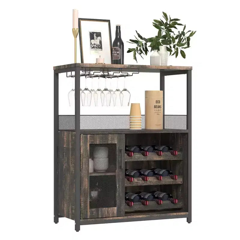 Meuble de bar à vin industriel gris à 3 niveaux (12+ bouteilles) 91,4 cm H x 61 cm l x 38,1 cm P, porte-bouteilles détachable, 9 porte-verres et étagères réglables pour la maison/le bar