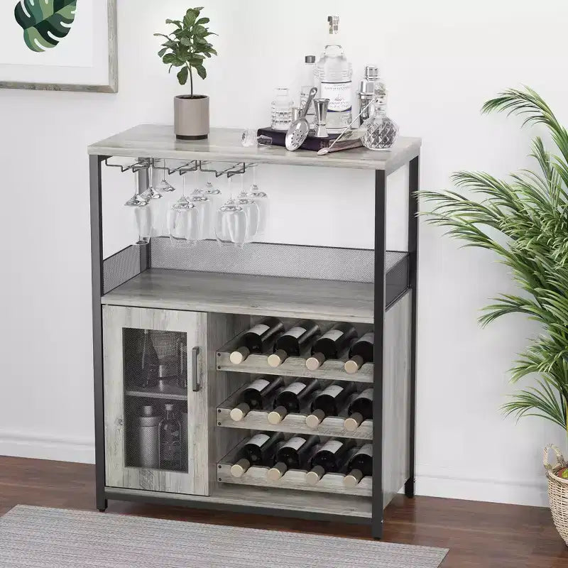 Meuble de bar à vin industriel gris à 3 niveaux (12+ bouteilles) 91,4 cm H x 61 cm l x 38,1 cm P, porte-bouteilles détachable, 9 porte-verres et étagères réglables pour la maison/le bar
