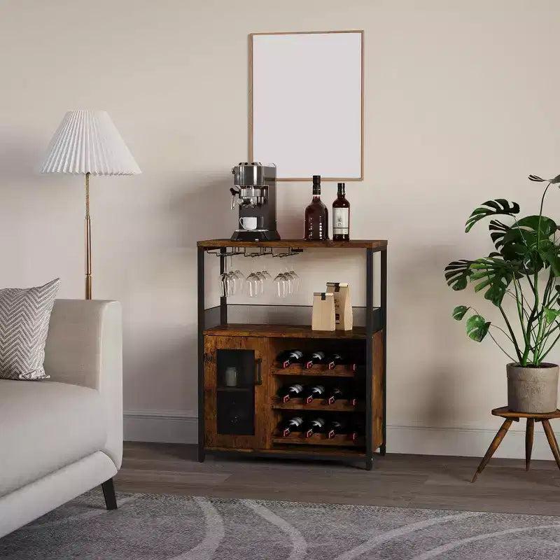Meuble de bar à vin industriel gris à 3 niveaux (12+ bouteilles) 91,4 cm H x 61 cm l x 38,1 cm P, porte-bouteilles détachable, 9 porte-verres et étagères réglables pour la maison/le bar