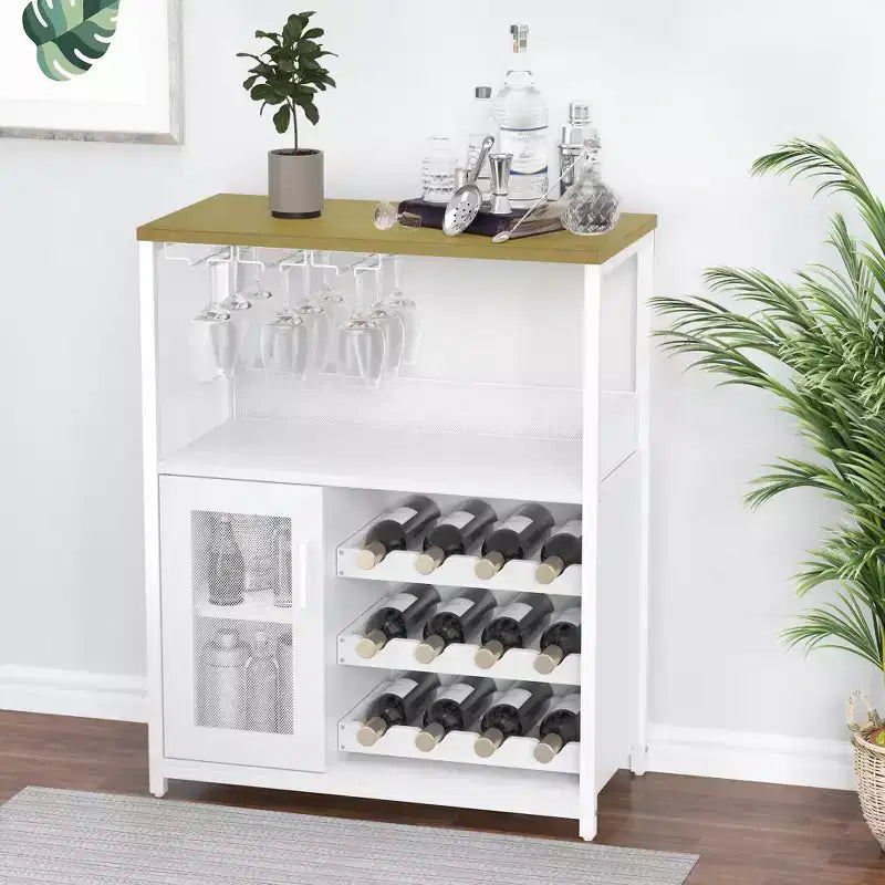 Meuble de bar à vin industriel gris à 3 niveaux (12+ bouteilles) 91,4 cm H x 61 cm l x 38,1 cm P, porte-bouteilles détachable, 9 porte-verres et étagères réglables pour la maison/le bar