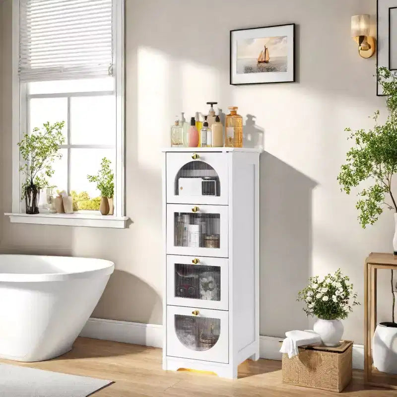 Modern Slim Bathroom Cabinet - 4 Drawer Storage with Semi See-Through Fronts, Waterproof MDF - Fits Narrow Spaces (33.1H) Easy Assembly