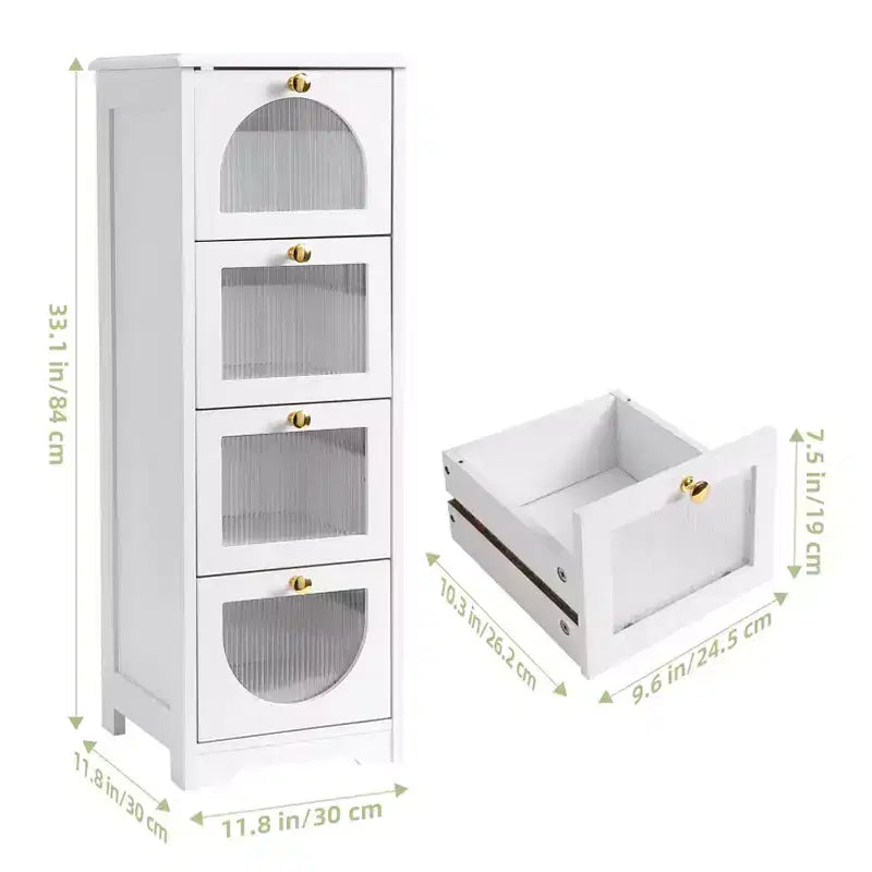 Meuble de salle de bain moderne et mince – 4 tiroirs de rangement avec façades semi-transparentes, MDF imperméable – S'adapte aux espaces étroits (33.1H) Montage facile