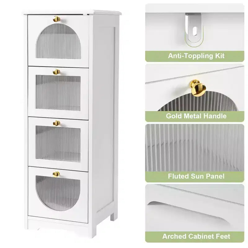 Meuble de salle de bain moderne et mince – 4 tiroirs de rangement avec façades semi-transparentes, MDF imperméable – S'adapte aux espaces étroits (33.1H) Montage facile