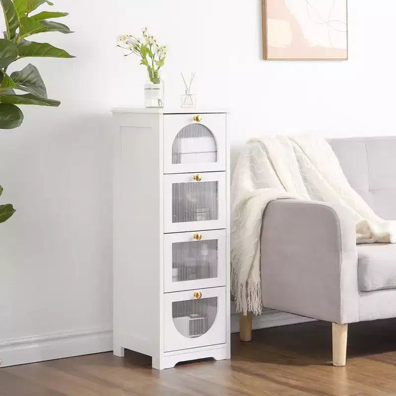 Meuble de salle de bain moderne et mince – 4 tiroirs de rangement avec façades semi-transparentes, MDF imperméable – S'adapte aux espaces étroits (33.1H) Montage facile