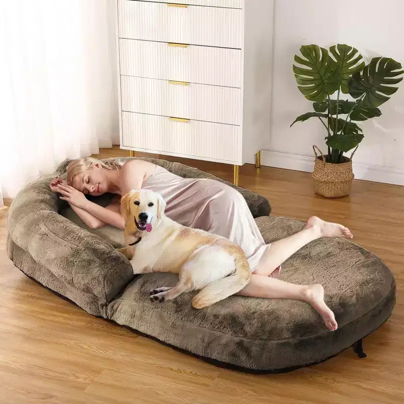 Convertible Human Dog Bed for Adults, 71x43x10 Large Nap Bed with Washable Removable Faux Fur Cover, Portable Lounger for Home