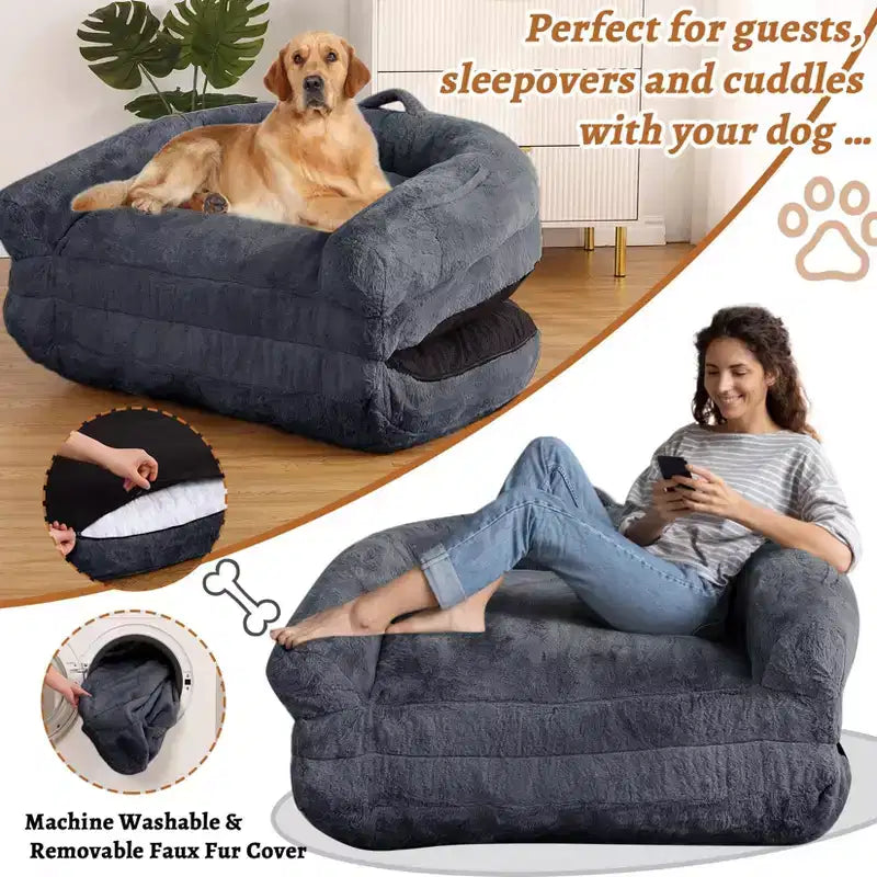 Lit convertible pour chien et humain pour adultes, grand lit de sieste 180x110x25 cm avec housse amovible en fausse fourrure lavable, transat portable pour la maison