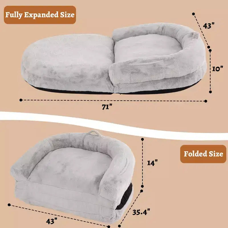 Lit convertible pour chien et humain pour adultes, grand lit de sieste 180x110x25 cm avec housse amovible en fausse fourrure lavable, transat portable pour la maison