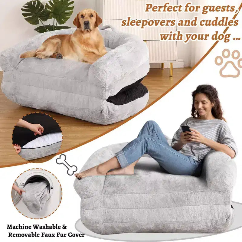 Lit convertible pour chien et humain pour adultes, grand lit de sieste 180x110x25 cm avec housse amovible en fausse fourrure lavable, transat portable pour la maison