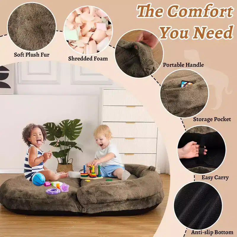 Lit convertible pour chien et humain pour adultes, grand lit de sieste 180x110x25 cm avec housse amovible en fausse fourrure lavable, transat portable pour la maison
