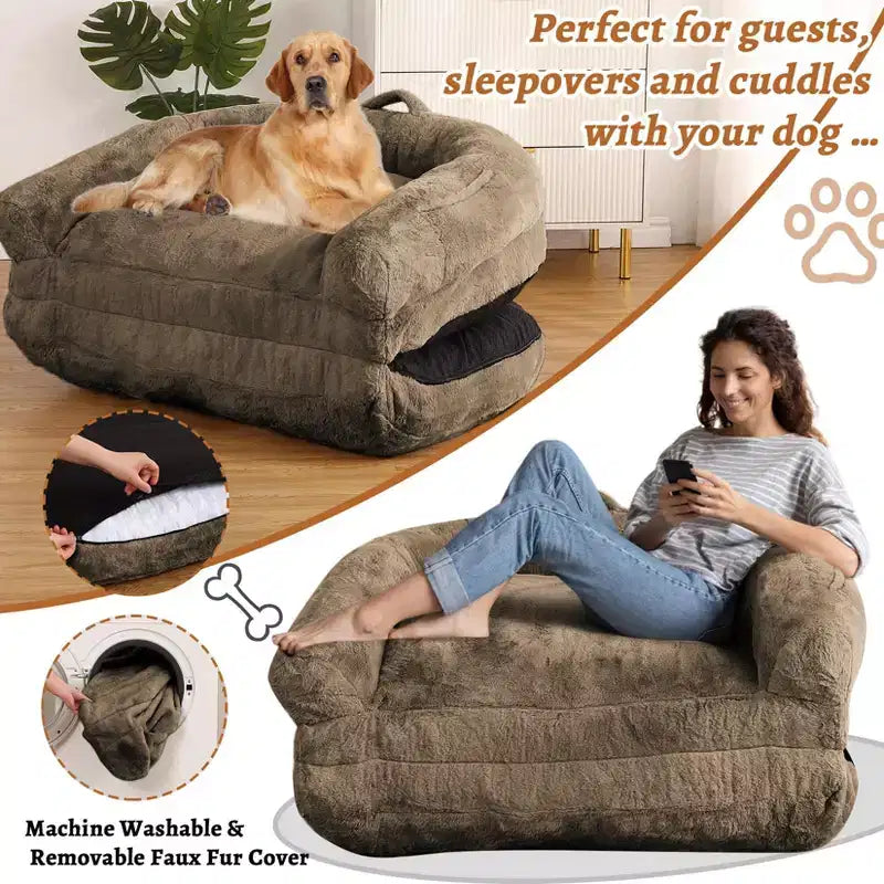 Lit convertible pour chien et humain pour adultes, grand lit de sieste 180x110x25 cm avec housse amovible en fausse fourrure lavable, transat portable pour la maison