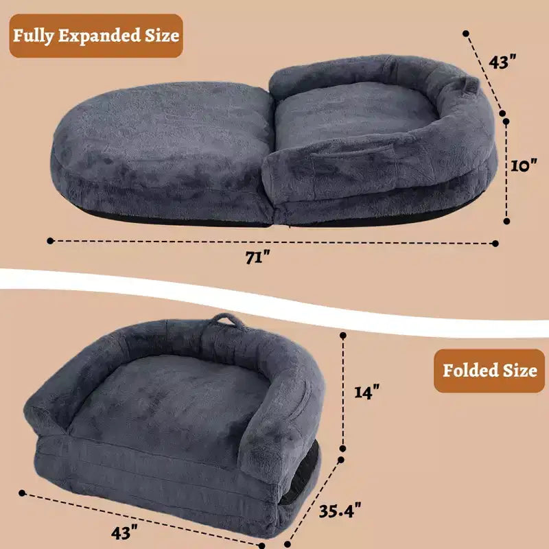 Lit convertible pour chien et humain pour adultes, grand lit de sieste 180x110x25 cm avec housse amovible en fausse fourrure lavable, transat portable pour la maison