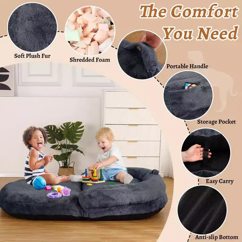 Lit convertible pour chien et humain pour adultes, grand lit de sieste 180x110x25 cm avec housse amovible en fausse fourrure lavable, transat portable pour la maison