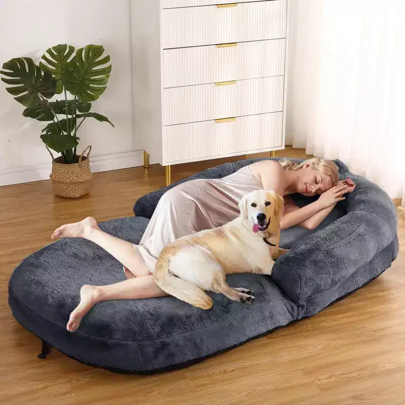 Lit convertible pour chien et humain pour adultes, grand lit de sieste 180x110x25 cm avec housse amovible en fausse fourrure lavable, transat portable pour la maison