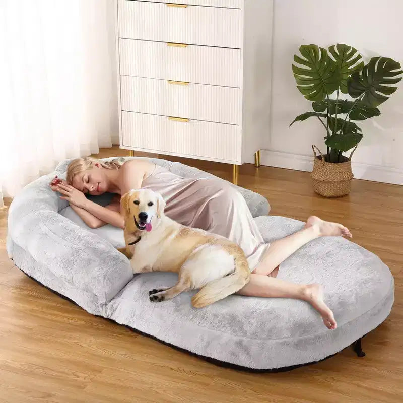 Lit convertible pour chien et humain pour adultes, grand lit de sieste 180x110x25 cm avec housse amovible en fausse fourrure lavable, transat portable pour la maison