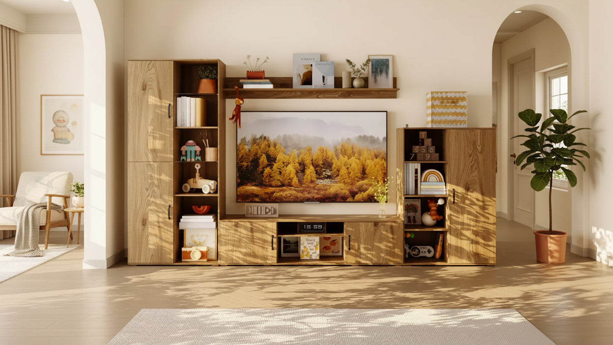Famapy Large Oak Media TV Stand Wall Cabinet System for Living Room with Bookshelves and TV Storage Entertainment Center