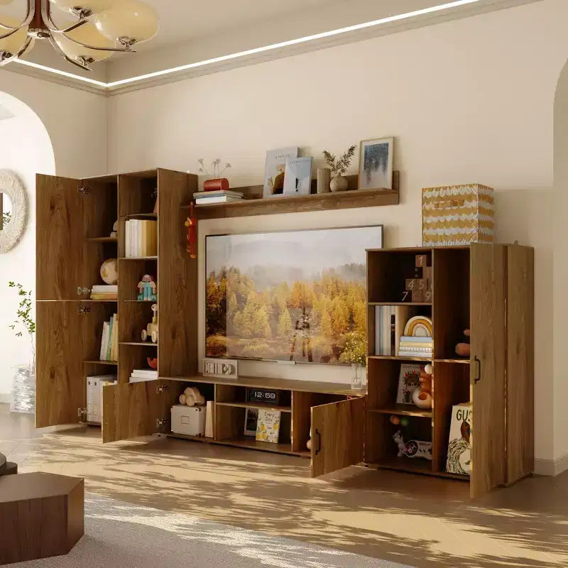 Meuble TV mural en chêne massif pour salon avec bibliothèques et meuble de rangement TV