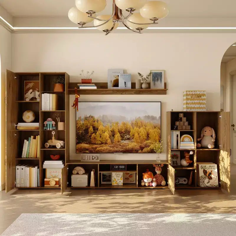 Meuble TV mural en chêne massif pour salon avec bibliothèques et meuble de rangement TV