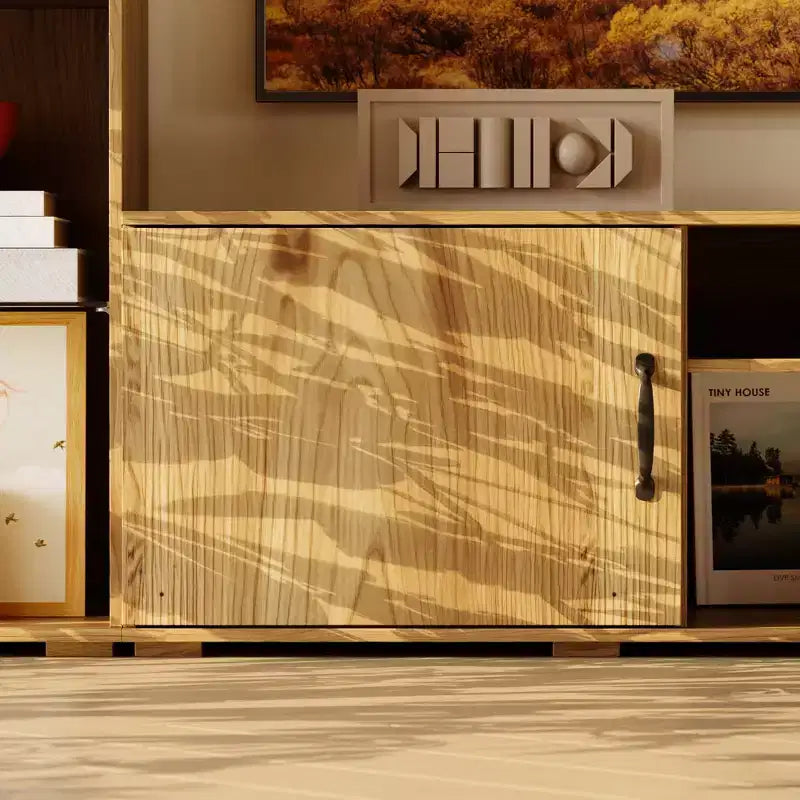 Meuble TV mural en chêne massif pour salon avec bibliothèques et meuble de rangement TV