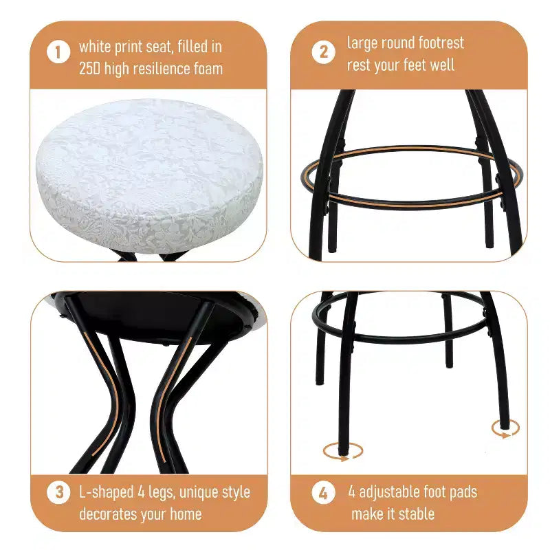 Tabourets de bar à imprimé floral de 73,6 cm - Tabourets de bar ronds rembourrés avec repose-pieds pour cuisine/salle à manger (noir et blanc)